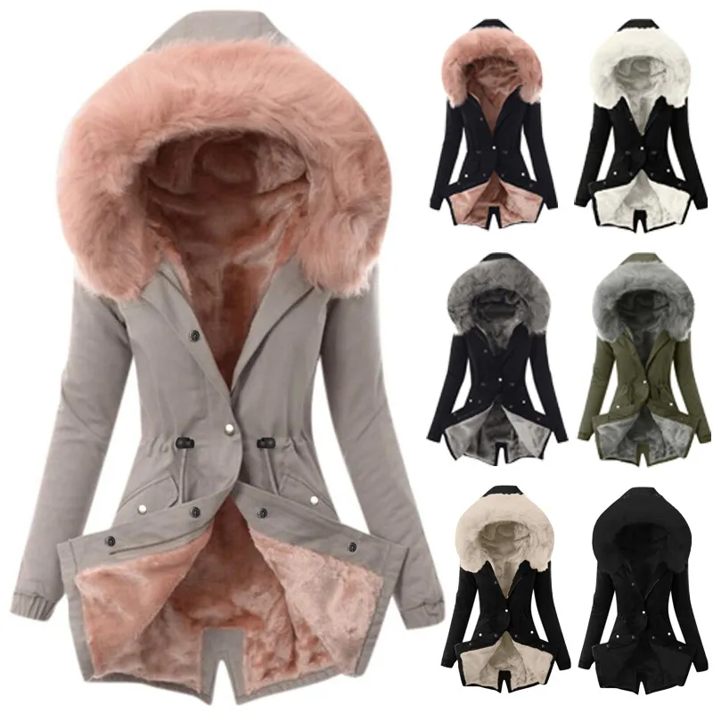 Women Winter Thickened Parka Jacket Faux Fur Hooded Long Sleeve Warm Cotton Puffer Coat Casual Commuting Outerwear