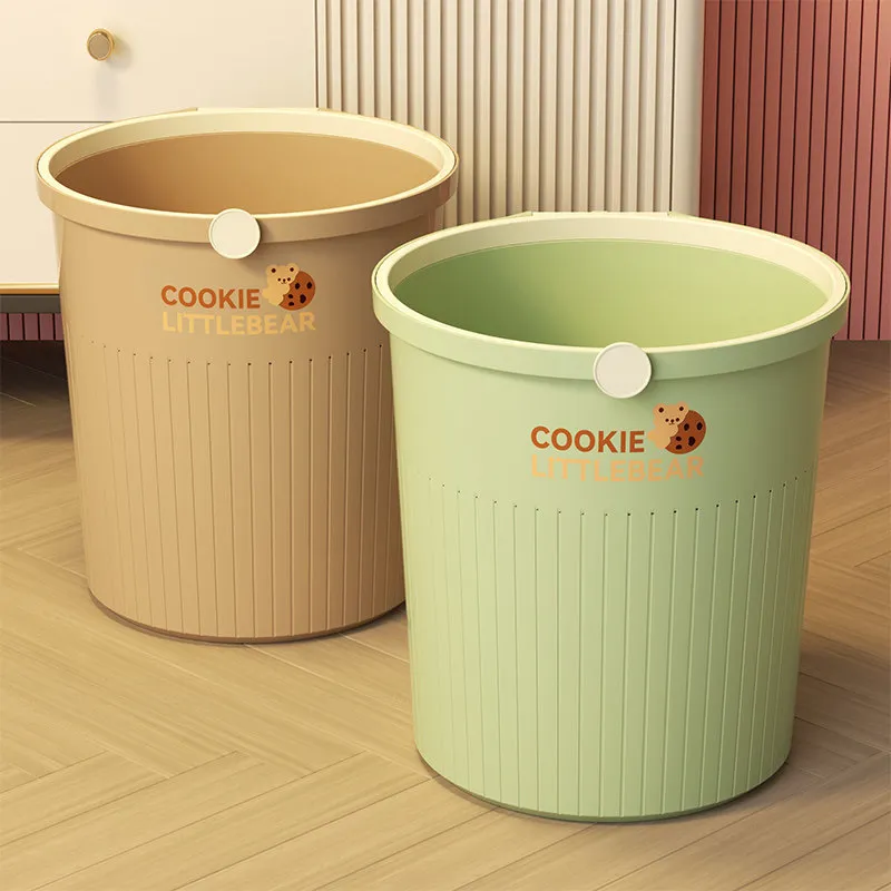 Poubelle En Plastique Style Crème Avec Couvercle À Pression Imprimé Ours Mignon Grande Capacité Corbeille Pour Cuisine Salle De Bain Maison