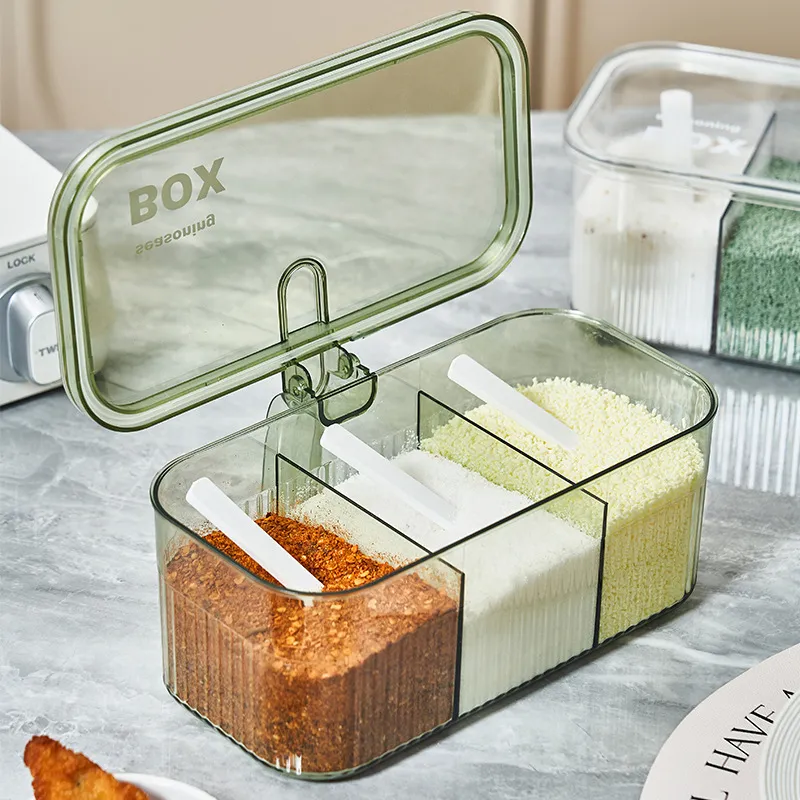 Kitchen Seasoning Box Set Multi Grid Transparent Condiment Jar Salt Pepper Storage Container With Spoons Household Kitchen Organizer