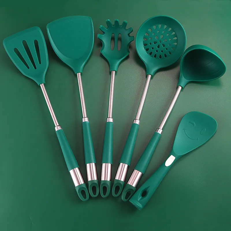 Silicone Kitchen Utensils Set Stainless Steel Handle Heat Resistant Cooking Tools Soup Spoon Spatula Colander Kitchenware