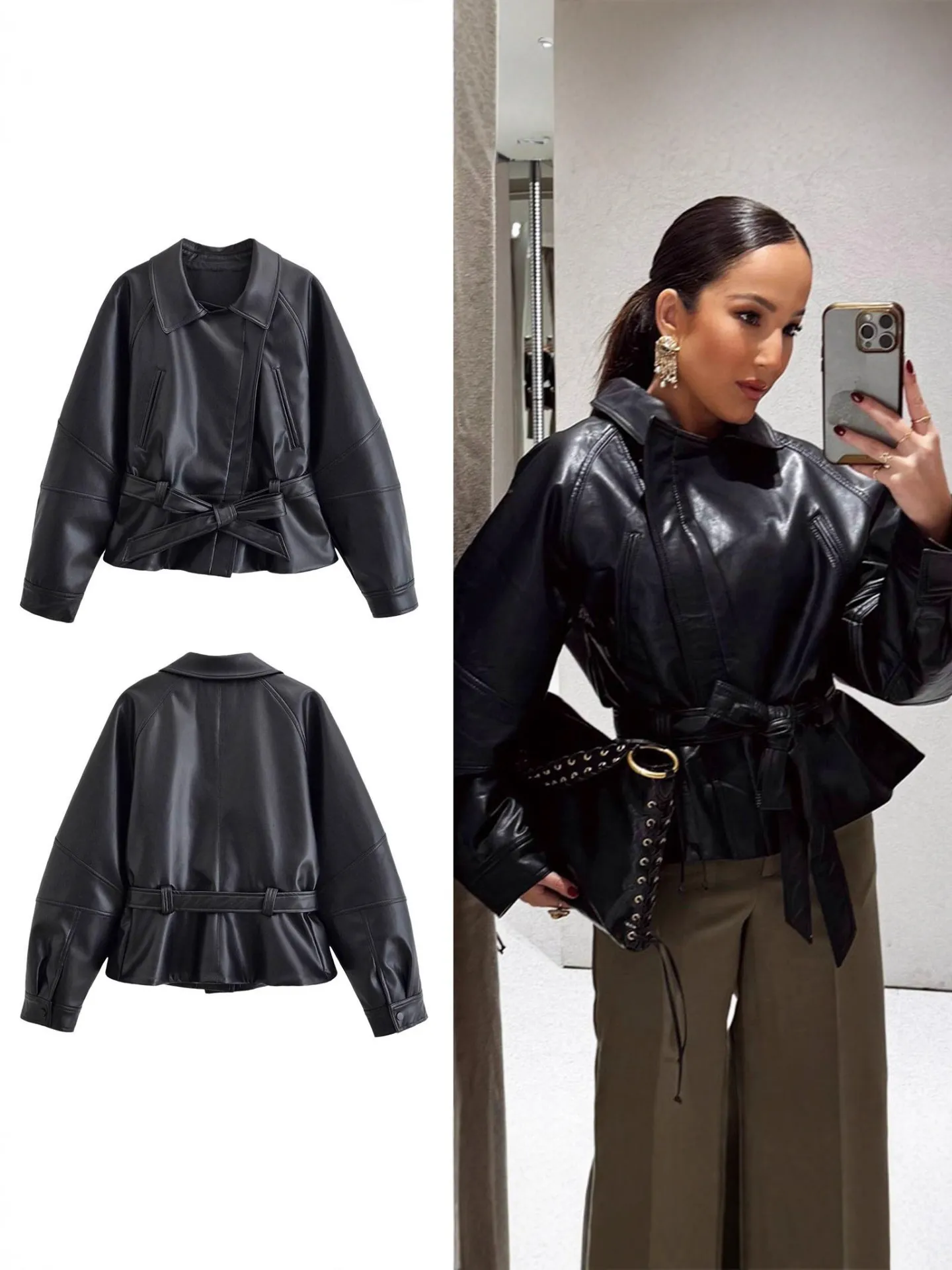 Women's Short Faux Leather Trench Coat Lapel Long Sleeve Casual Jacket With Belt Autumn Streetwear Outerwear