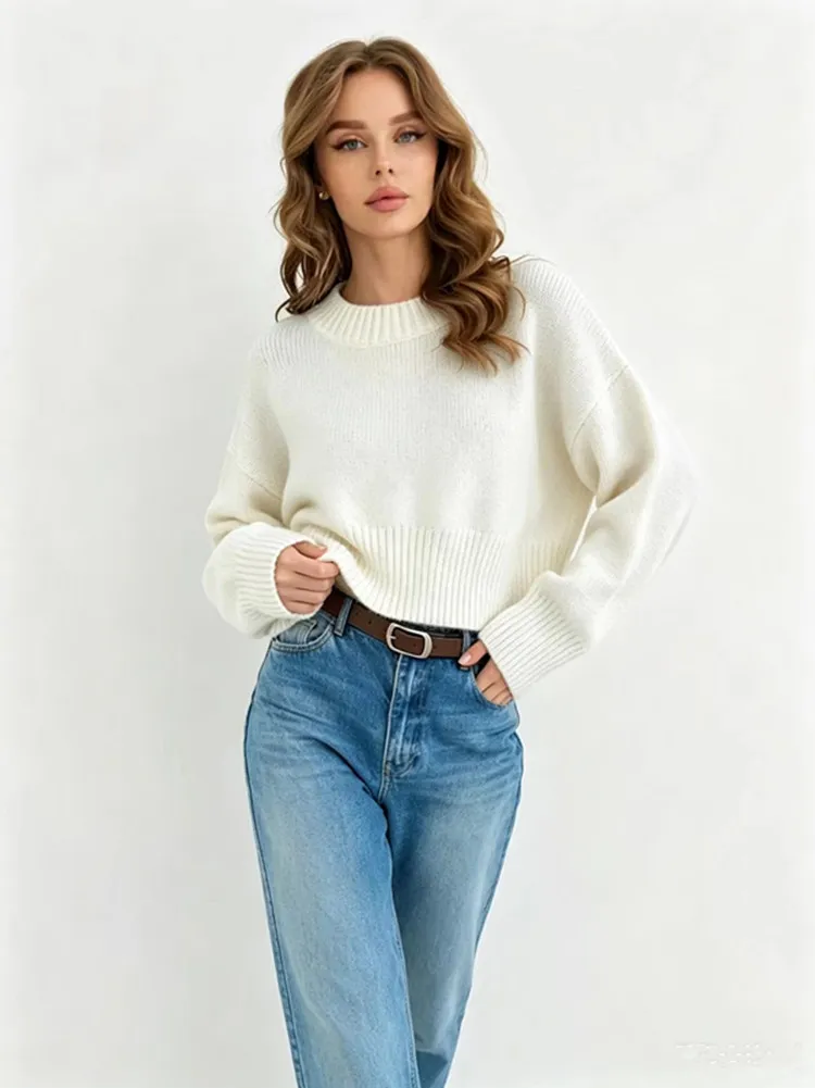 Women Casual Short Knit Sweater Long Sleeve Crew Neck Pullover Soft Acrylic Fall Winter Basic Solid Tops