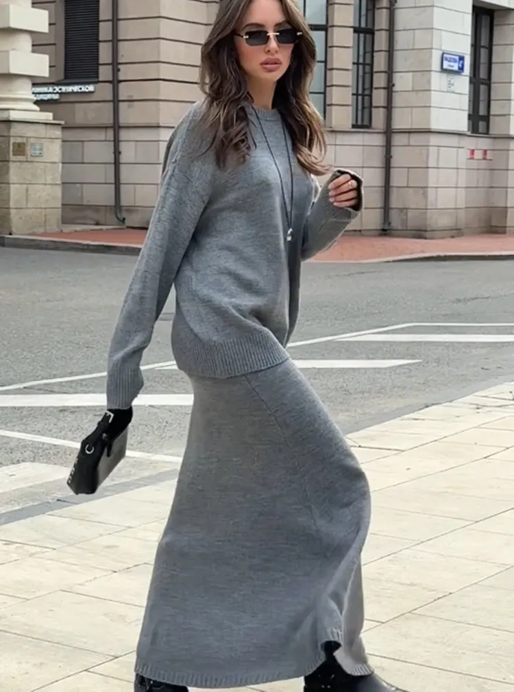Ensemble Pull et Jupe Midi en Tricot Mélange Acrylique Décontracté Automne Hiver pour Femmes Manches Longues