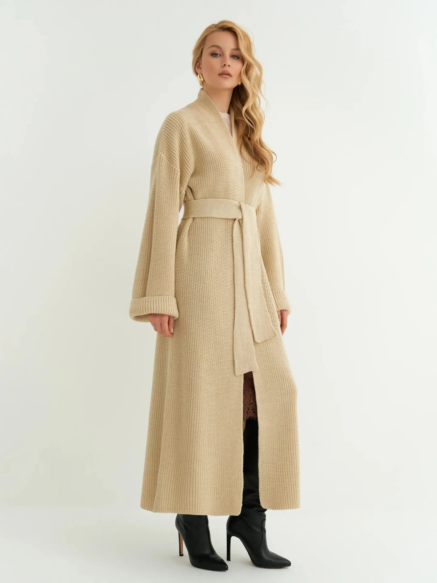 Lang Open Gebreid Vest Cardigan voor Dames Herfst Winter Jas met Riem