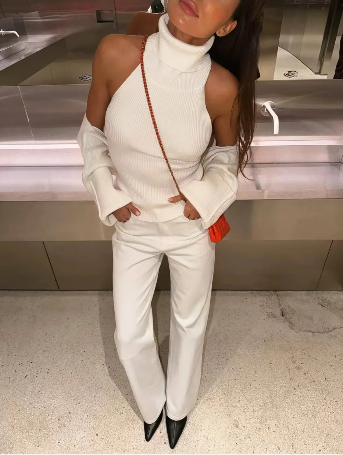 Γυναικείο Casual Set Ακρυλικού Πλεκτού Sexy Halter Laimos Pullover Crop Top Και Μακρυμάνικο Σάλι Set