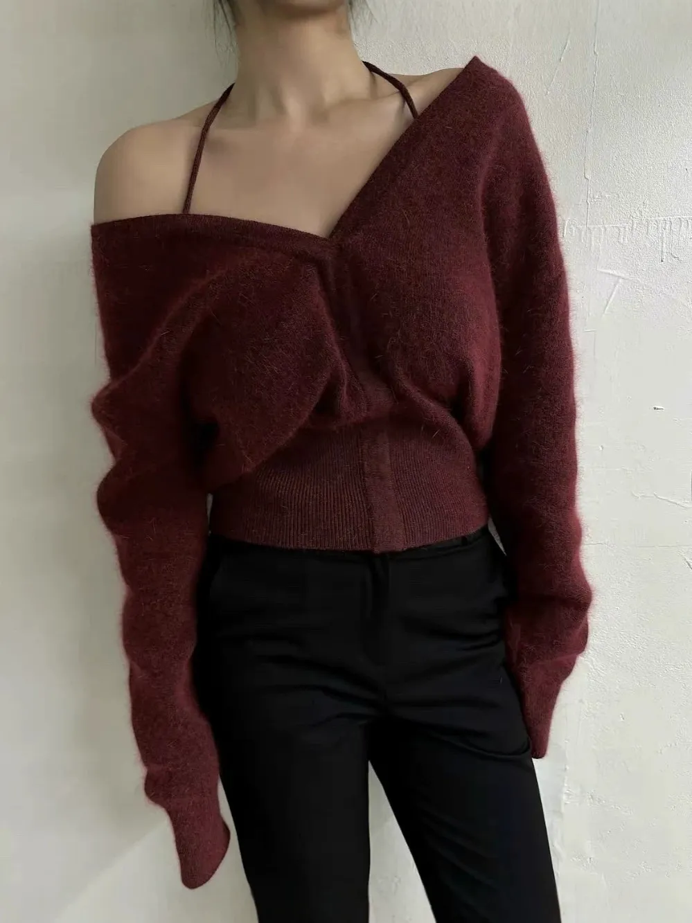 Women's Casual V-Neck Long Sleeve Pullover Knit Sweater Loose Fall Winter Basic Solid Color Top Wool Blend