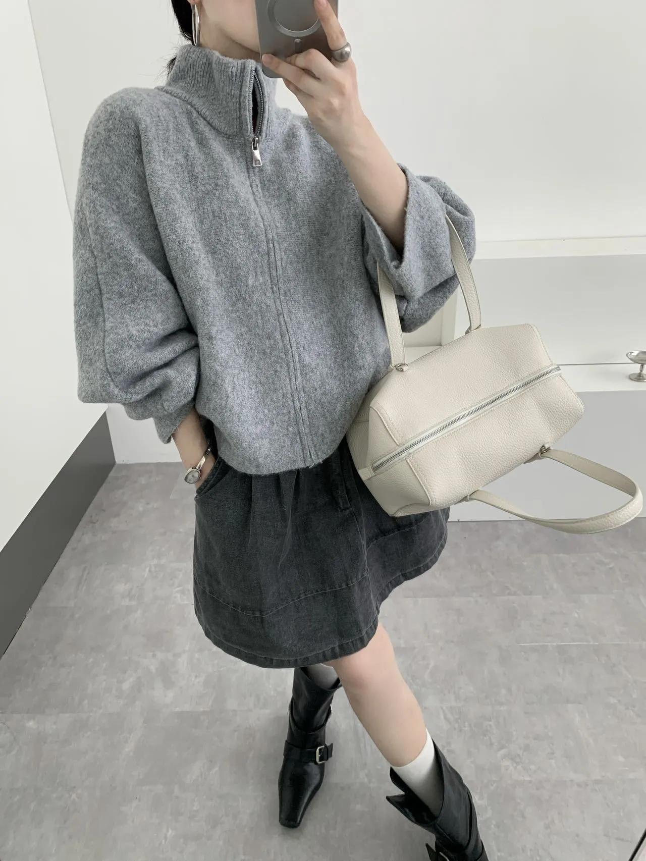 Damen Casual Herbst Winter Stehkragen Reißverschluss Strickjacke Einfarbig Langarm Lose Pullover Mantel
