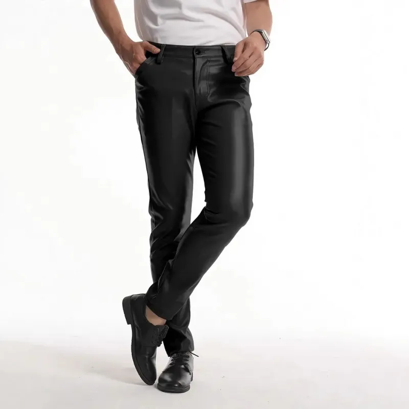 Men's Slim Fit PU Leather Pants Elastic Motorcycle Riding Trousers Four Seasons Casual Faux Leather Leggings For Men