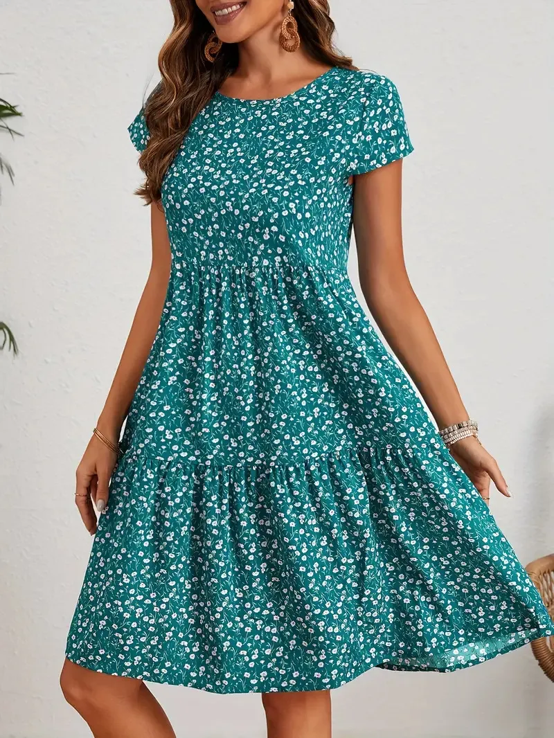 Women Floral Print Short Sleeve Round Neck Midi Dress Elegant Loose Patchwork Tiered Skirt Summer Casual Holiday Apparel