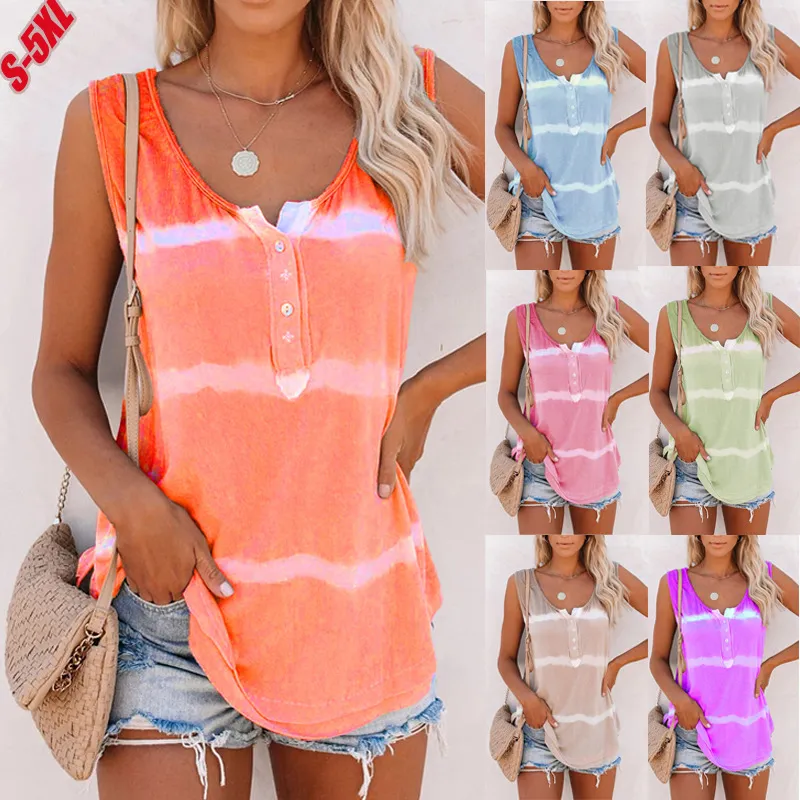 Women Tie Dye Sleeveless Tank Top Henley Button Neck Loose Casual Summer Cotton Blend Printed Top