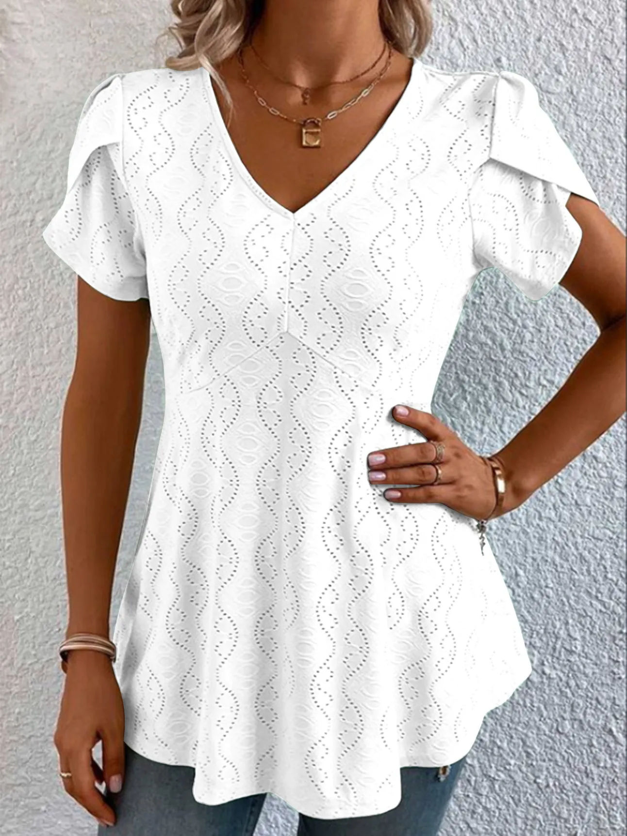 Women's Casual V-Neck Flutter Sleeve T-Shirt Solid Color Eyelet Embroidery Top Loose Short Sleeve Summer Fashion Blouse For Women
