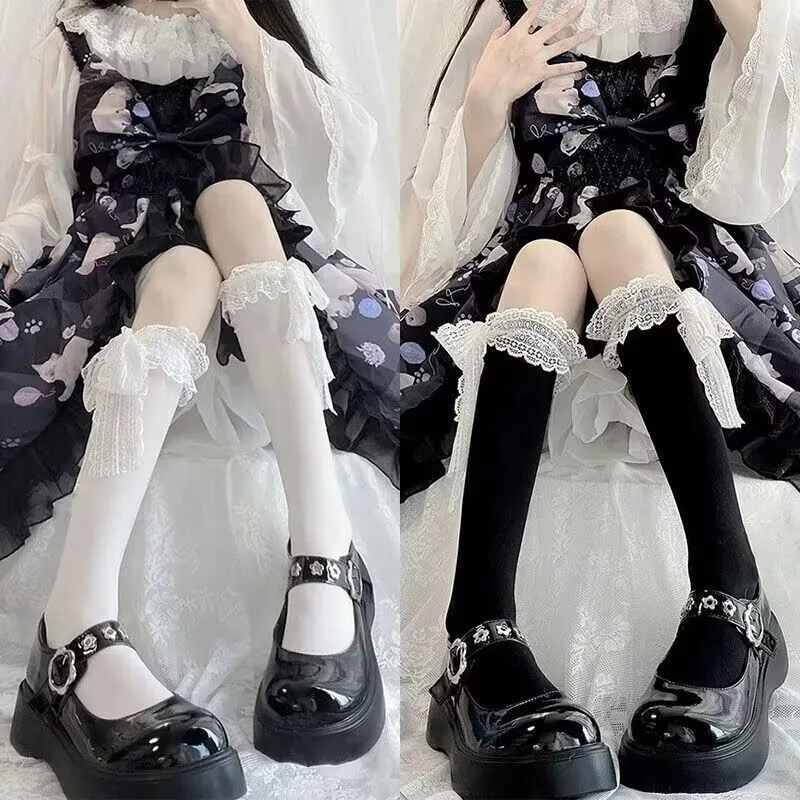 Calze a Metà Polpaccio con Volant in Pizzo Lolita da Donna Fiocco Dolce Stile Giapponese