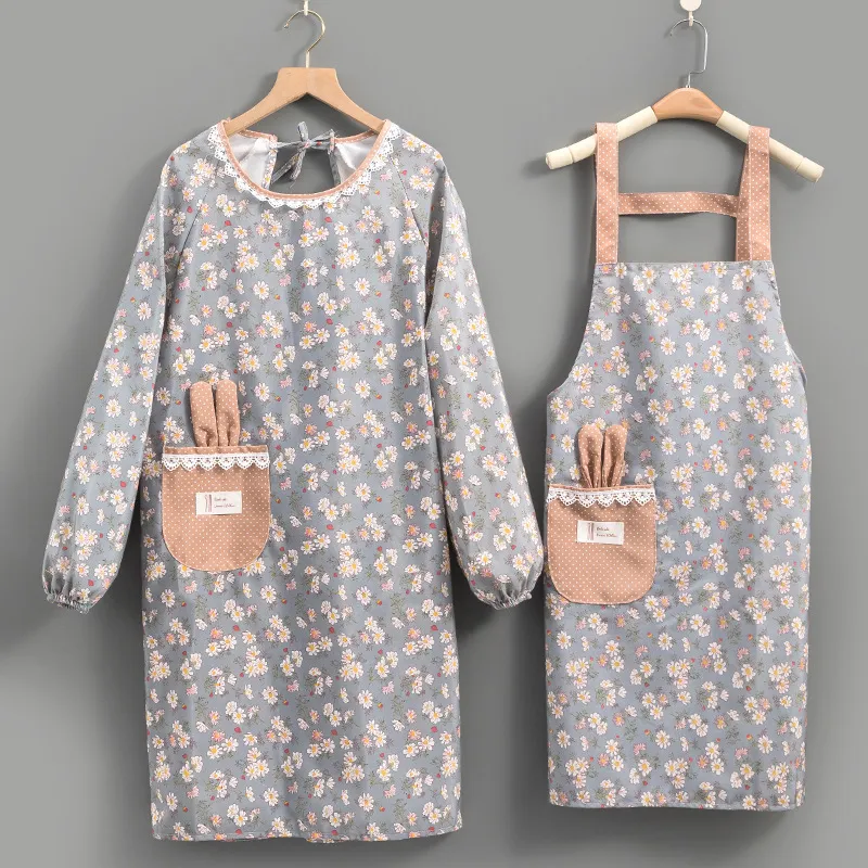Lindo Delantal de Cocina Floral Bata de Manga Larga Con Orejas de Conejo Encaje Tela de Algodón Antimanchas Para Mujer