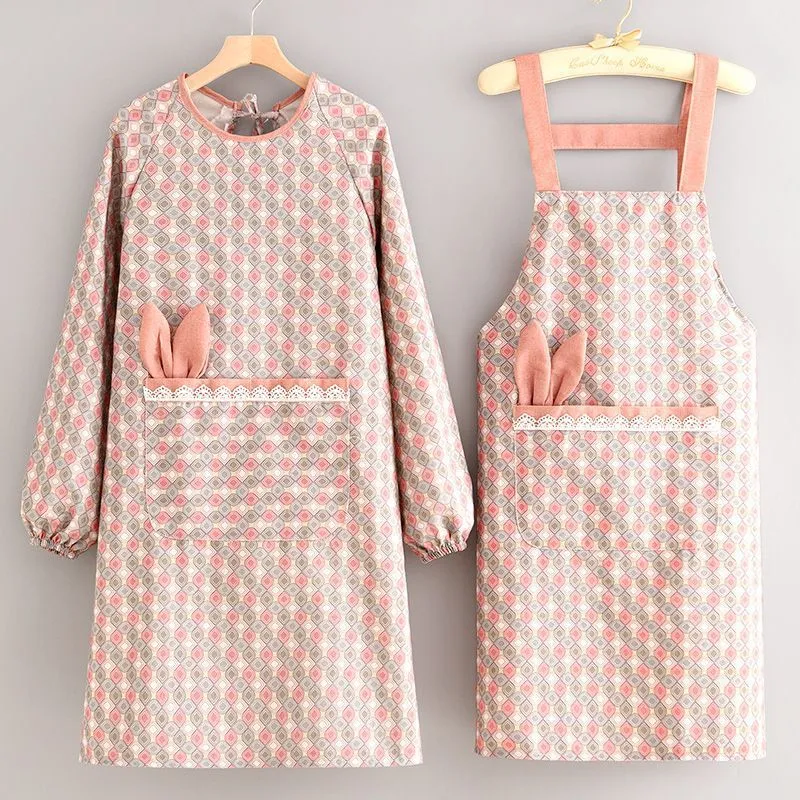 Delantal de Lona con Estampado Geométrico Delantal de Babero de Manga Larga con Bolsillos Lindas Orejas de Conejo Cocina Limpieza del Hogar