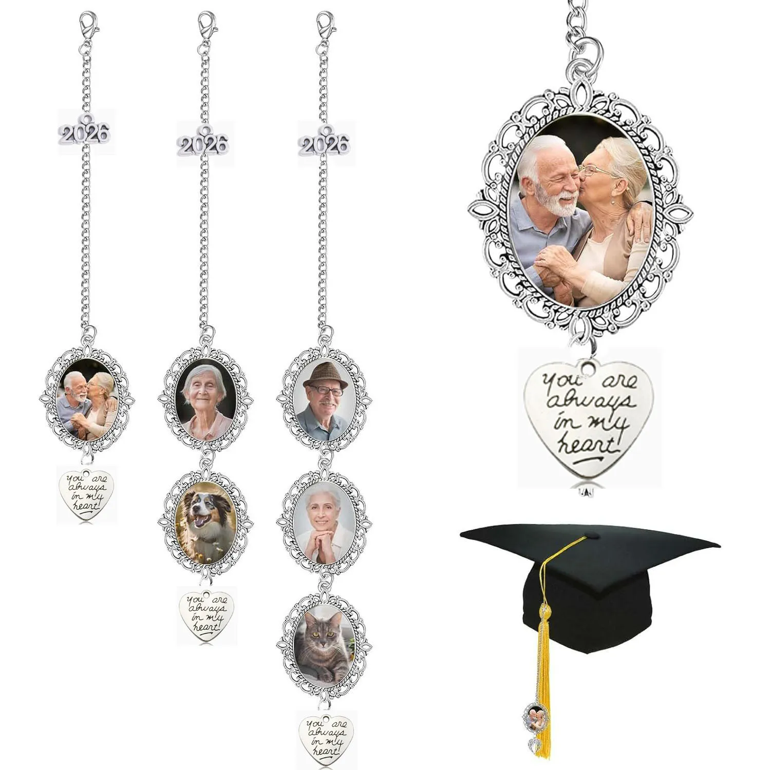 2026 Graduation Cap Tassel Pendant DIY Photo Frame Car Charm Memorial Alloy Angel Heart Graduate Keepsake