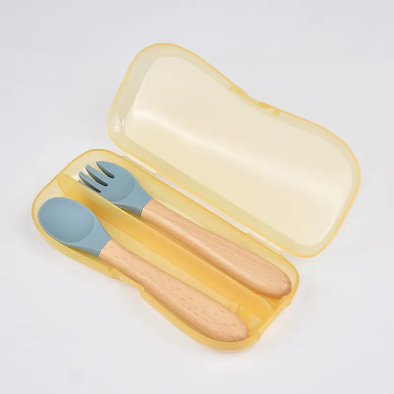 Kit Cuillère et Fourchette en Silicone pour Bébé Poignée en Bois Vaisselle d'Apprentissage Boîte de Rangement Portable