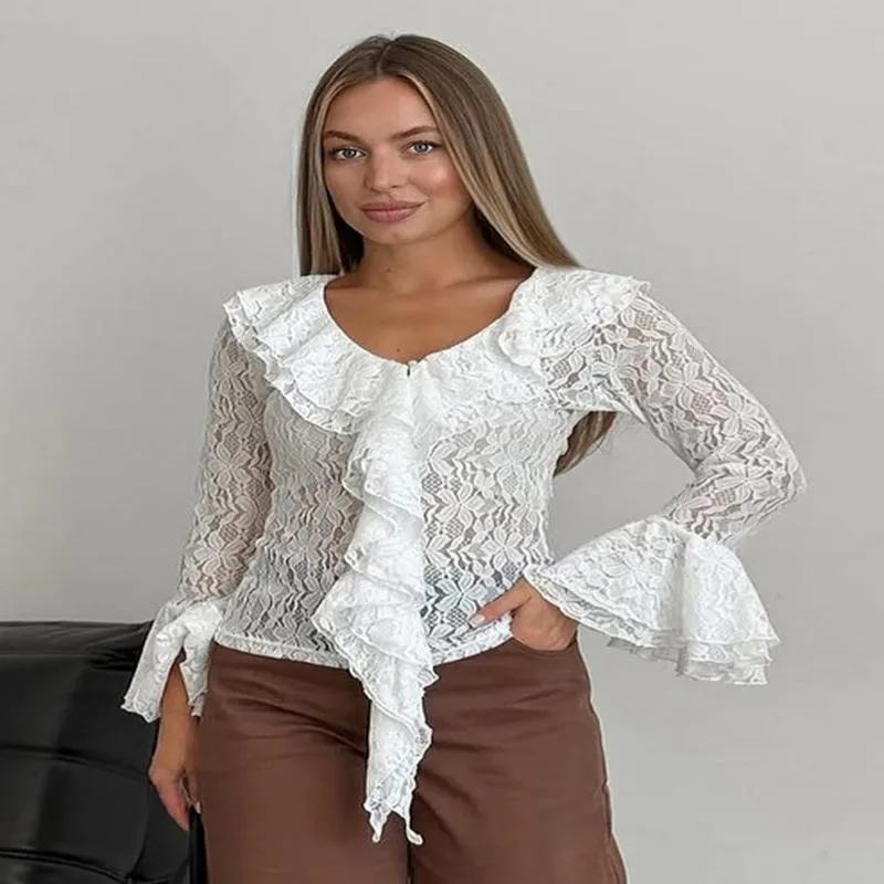 Γυναικείο T-Shirt Μακρυμάνικο με Δαντέλα Brocade Γαλλικού Σχεδιασμού Άνοιξη Elegant Slim Fit Chic Top
