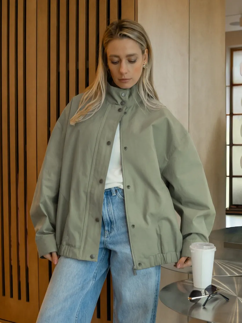 Dames Amerikaanse Workwear Stijl Staande Kraag Jas Losse Afhangende Schouder Katoen Casual Utility Bovenkleding Top