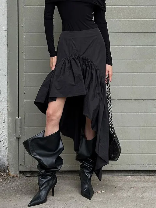 Gonna a Vita Alta con Orlo Irregolare a Volant da Donna 2025 Moda Autunnale Tinta Unita Nero Puro Cotone Gonna Midi a Strati Casual Abbigliamento Pendolare