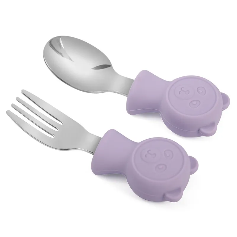 Baby Fork And Spoon Set Silicone Stainless Steel Toddler Self Feeding Training Utensils Cute Bear Design Cutlery