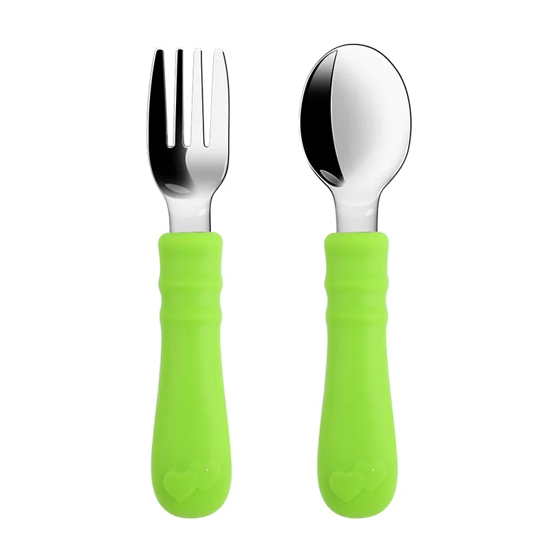 Stainless Steel Silicone Baby Spoon And Fork Training Tableware Set Infant Self Feeding Cutlery Kids Utensils