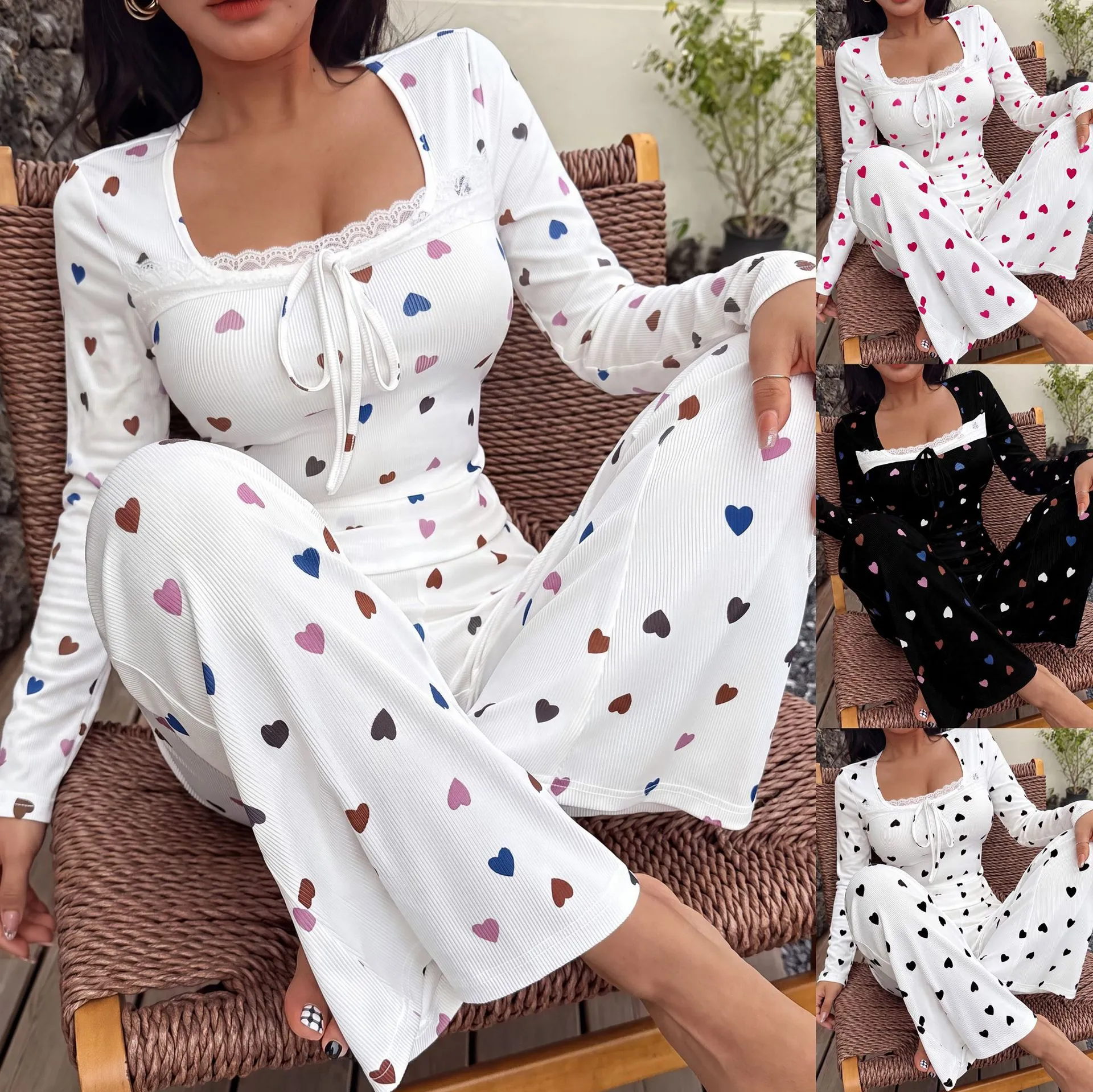 Damen Langarm Pyjama Set Viereckiger Ausschnitt Spitzenbesatz Herz-Print Rippstrick Nachtwäsche Casual Loungewear Top und Hose