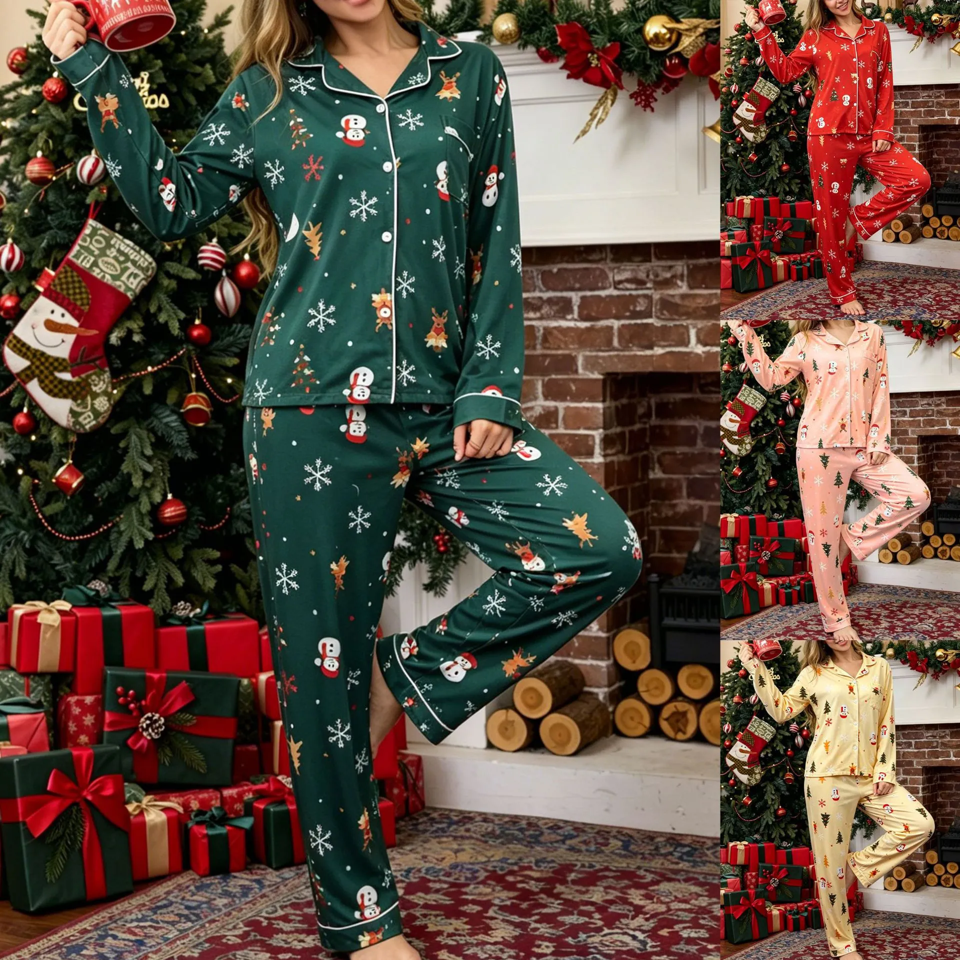 Women's Christmas Printed Long Sleeve Lapel Cardigan Top And Long Pants Pajama Set Casual Sleepwear Home Wear