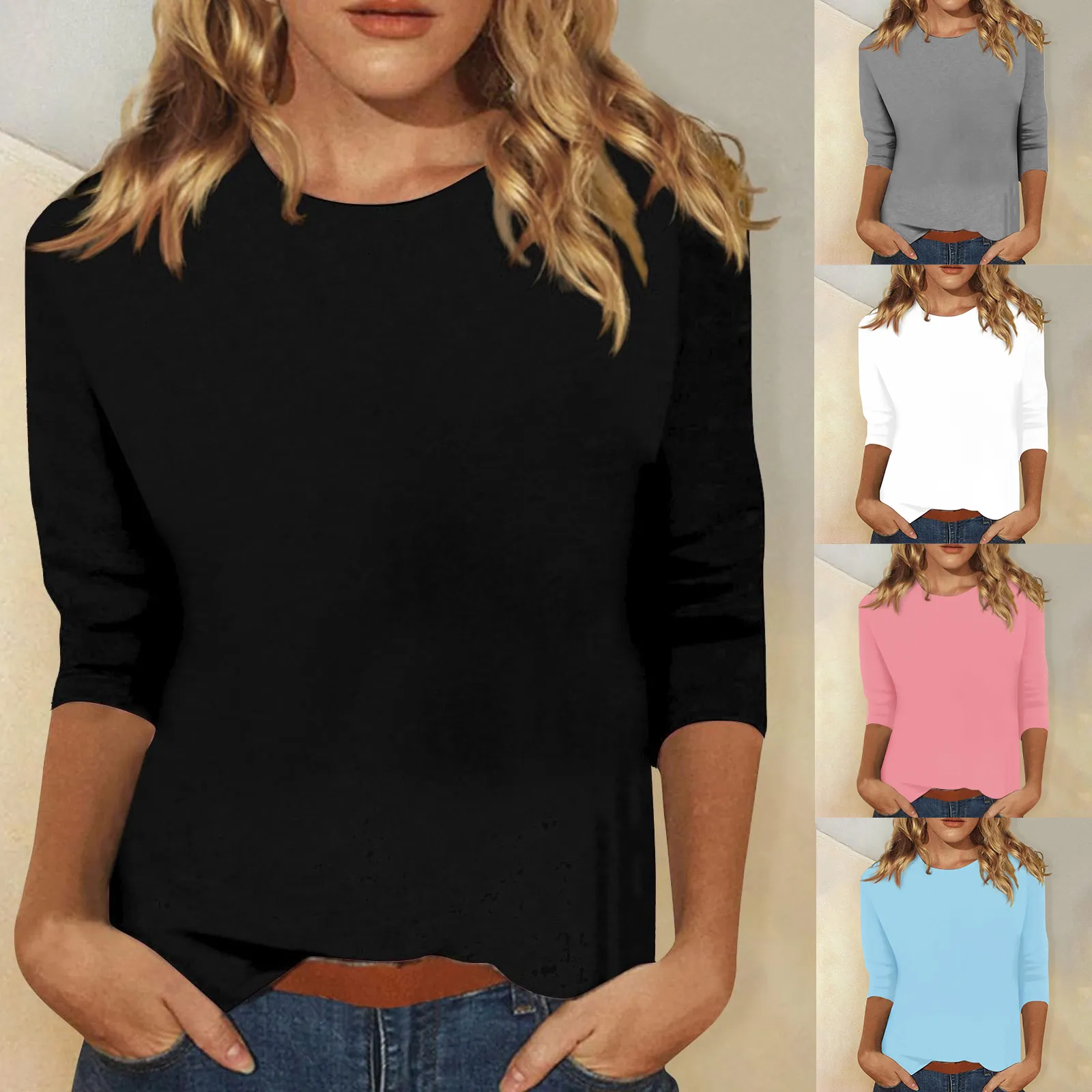 Camiseta Casual de Poliéster con Cuello Redondo y Manga 3/4 de Color Sólido para Mujer Otoño Invierno