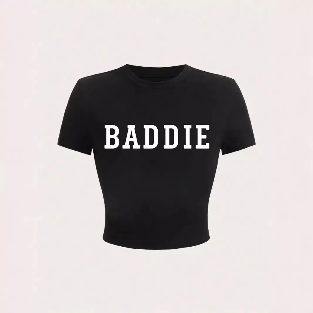 Top Corto in Modal Casual da Donna Tinta Unita Manica Corta Girocollo Stampa con Lettere Vestibilità Slim T-Shirt Estate