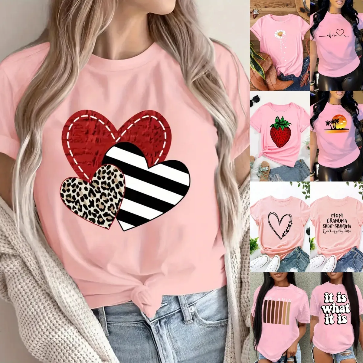 Women Casual Short Sleeve Crew Neck T Shirt Cute Heart Floral Letter Print Basic Summer Pullover Top