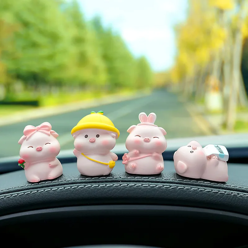 Cute Mini Pink Pig Car Dashboard Ornaments Resin Cartoon Animal Figurine Auto Interior Decoration Desk Decor Gift