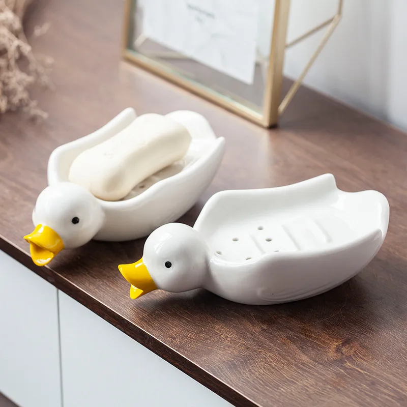 Porte-Savon en Céramique Canard Mignon Décoration de Lavabo Domestique Support de Savon Créatif Boîte à Savon de Drainage Accessoires de Salle de Bain