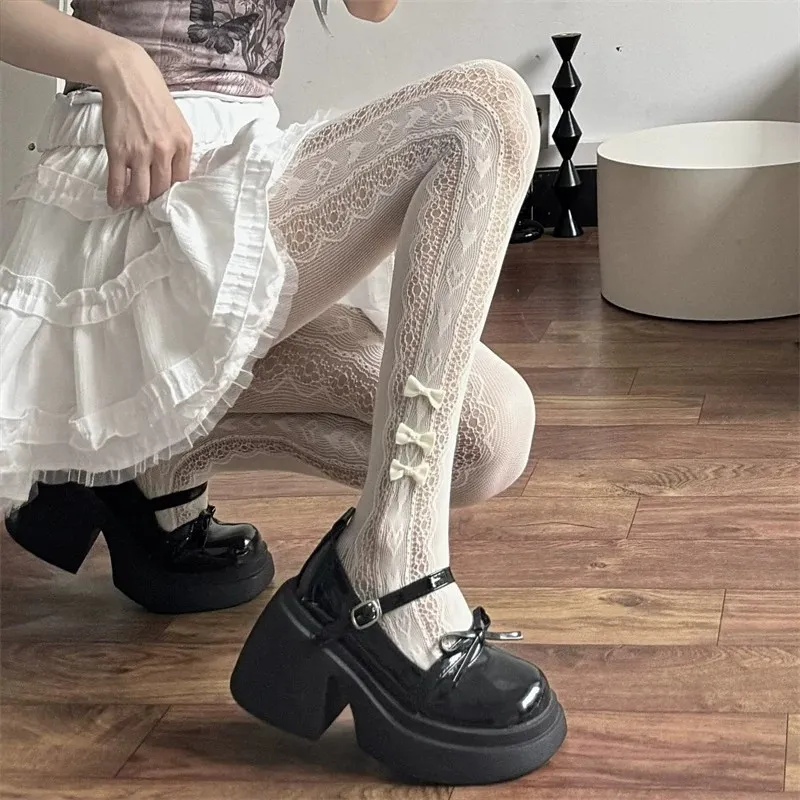 Women's Lolita Lace Heart Pattern Pantyhose Cute Bow Mesh Tights Sweet Japanese Style Thin Sheer Stockings Legwear