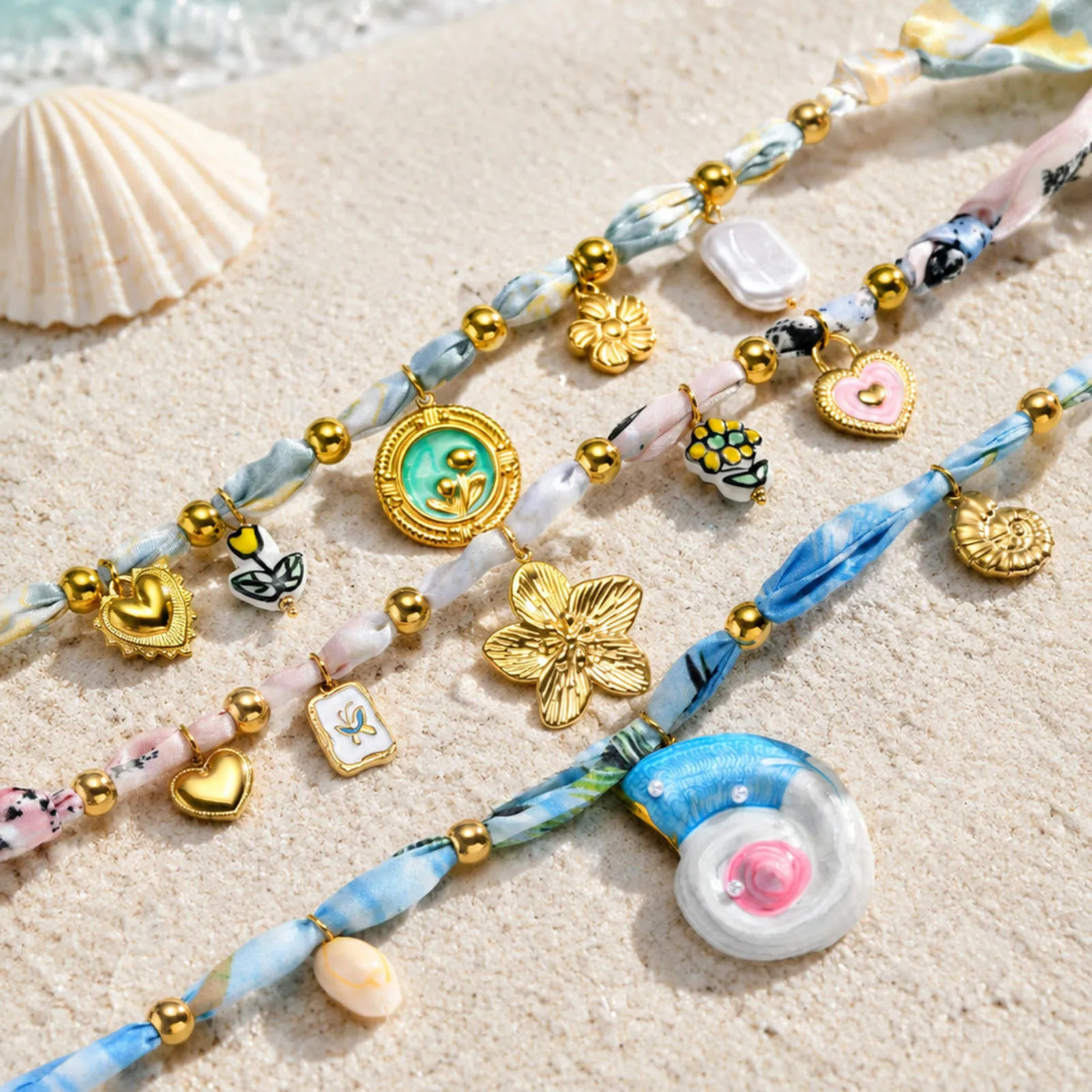 Collier Écharpe Bohème Pour Femme Perles En Acier Inoxydable Pendentif Fleur Conque Marine Colliers Rubans En Satin Bijoux Style Resort