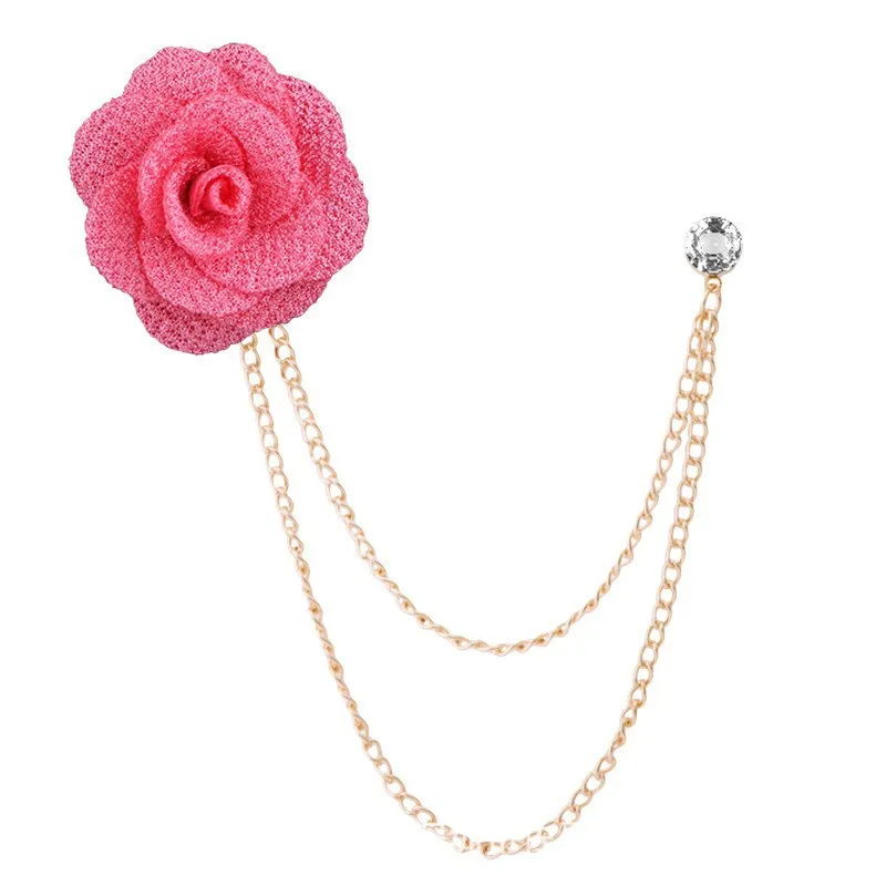 Men Fabric Rose Flower Brooch Dual Layer Metal Chain Rhinestone Lapel Pin Suit Wedding Party Fashion Jewelry