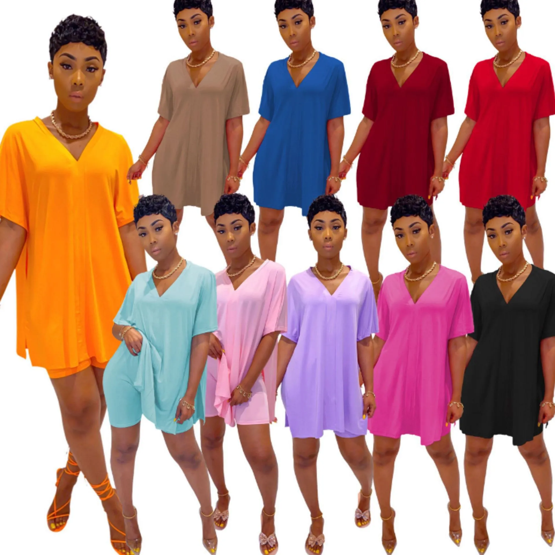 Women Casual Solid Color V Neck Batwing Sleeve Split Top And Shorts Set Loose Casual Outfit Female Apparel