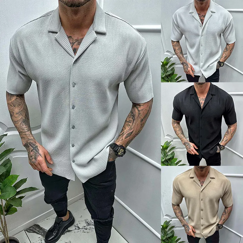 Camicia Cardigan Casual Tinta Unita Manica Corta Colletto a Punta per Uomo Estate Moda Business Vestibilità Regular Top in Poliestere