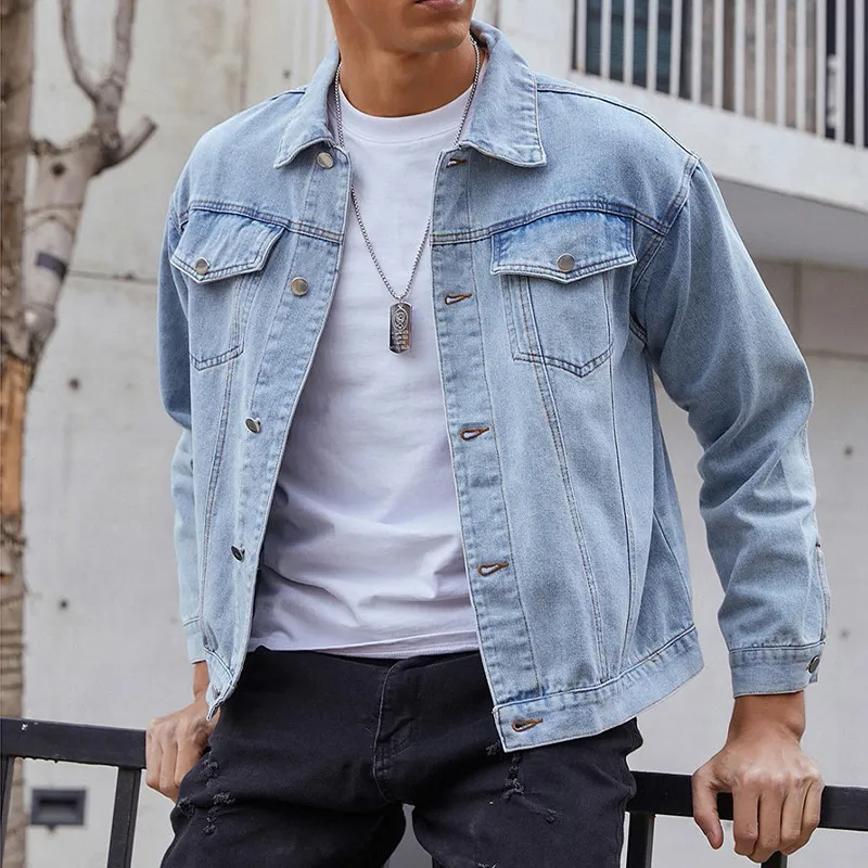Men's Casual Denim Jacket Long Sleeve Lapel Button Down Cardigan Regular Fit Solid Color Cotton Outerwear For Daily Wear