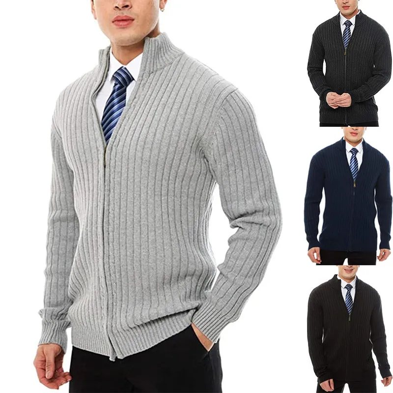 Men Full Zip Cardigan Sweater Stand Collar Cotton Blend Casual British Style Long Sleeve Knitted Outerwear