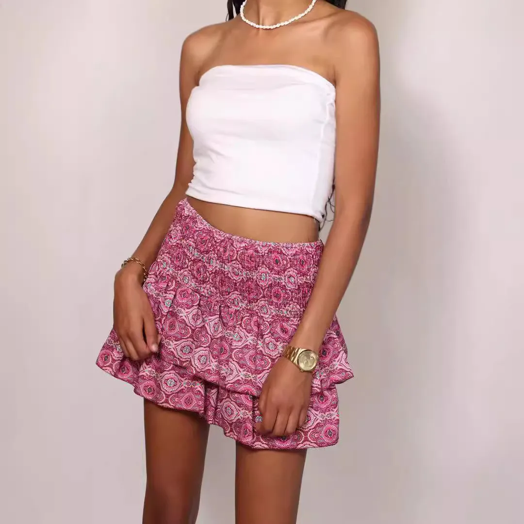 Minigonna Plissettata con Volant e Stampa Floreale Casual da Donna Vita Alta Estate Boho Gonne Corthe a Balze Moda Streetwear