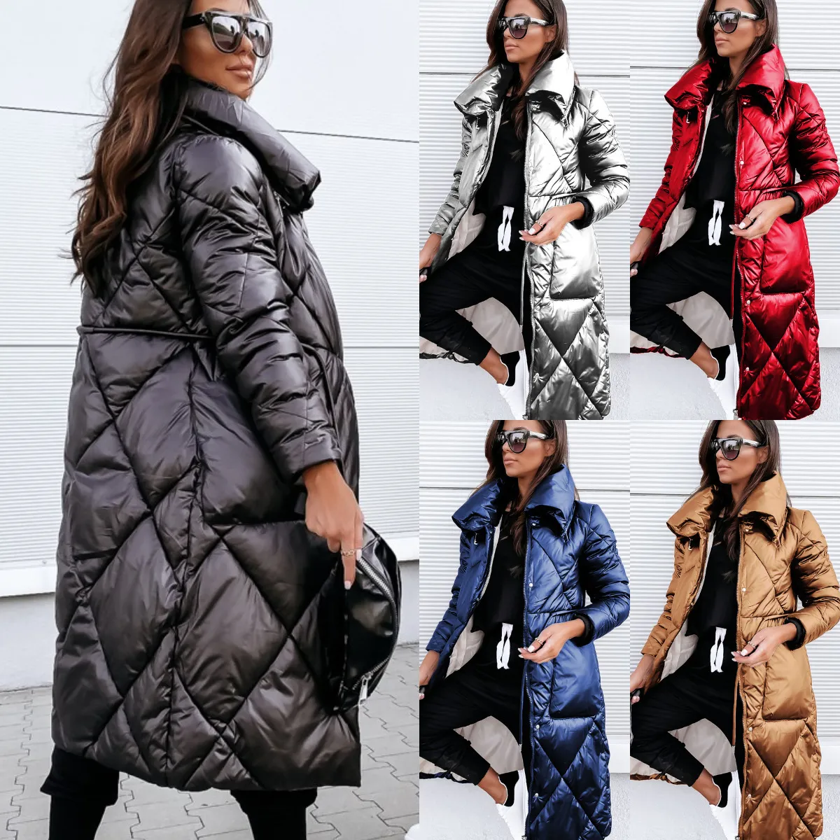 Women's Winter Casual Long Shiny Lapel Cotton Padded Coat Solid Color Long Sleeve Zipper Quilted Outerwear
