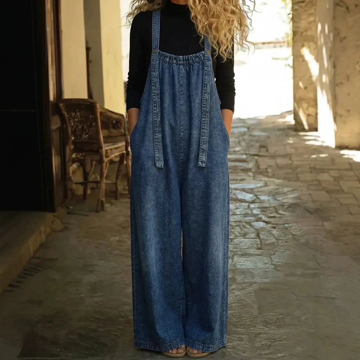 Mameluco Casual Vintage Estilo Denim Desgastado para Mujer Pantalones Largos Rectos Sueltos Con Tirantes Peto de Moda Retro