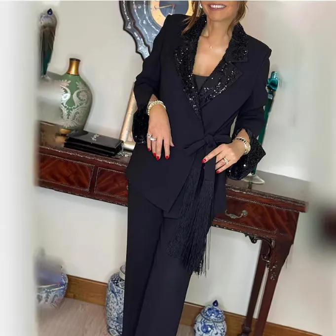 Women Casual Long Sleeve Lapel Blazer And Pants Set Sequins Patchwork Solid Color Fashion Two Piece Suit Outfit