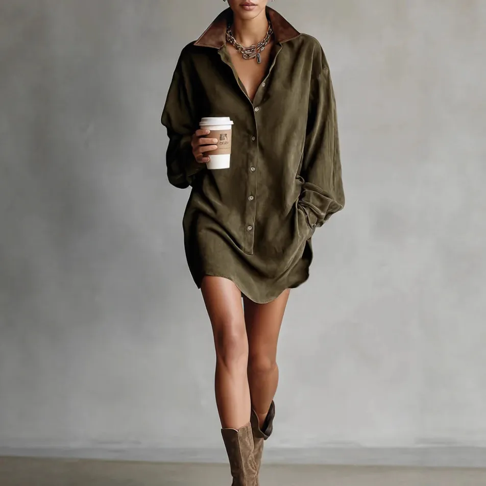 Women Retro Suede Velvet Faux Leather Splicing Mini Dress Fall Long Sleeve Turn Down Collar Single Breasted Casual Outfit