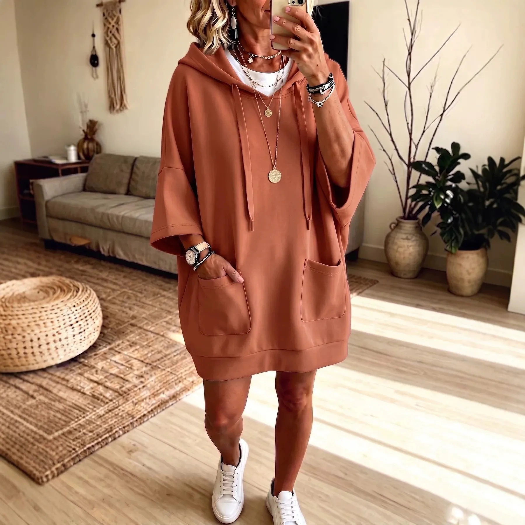 Γυναικείο Casual Monόχρωμο Hoodie Μεσαίου Μήκους Με Μανίκι Τρία Τέταρτα Τσέπη Φαρδύ Pullover Sudadera