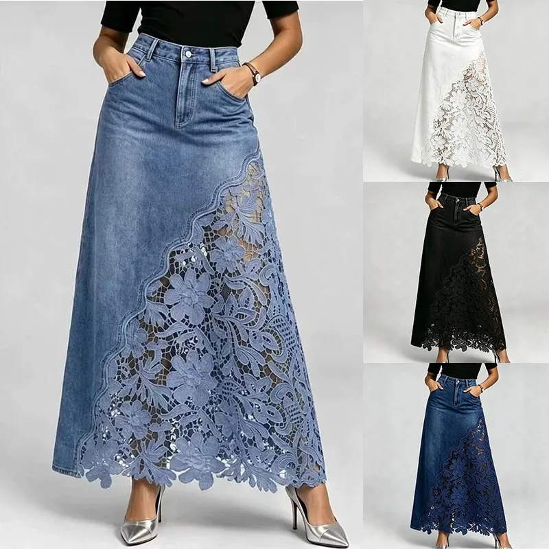 Γυναικείο Casual Denim και Δαντέλα Patchwork Maxi Bodycon Φούστα Ψηλόμεση Μακριά Φούστα Κομψή Μόδα Streetwear