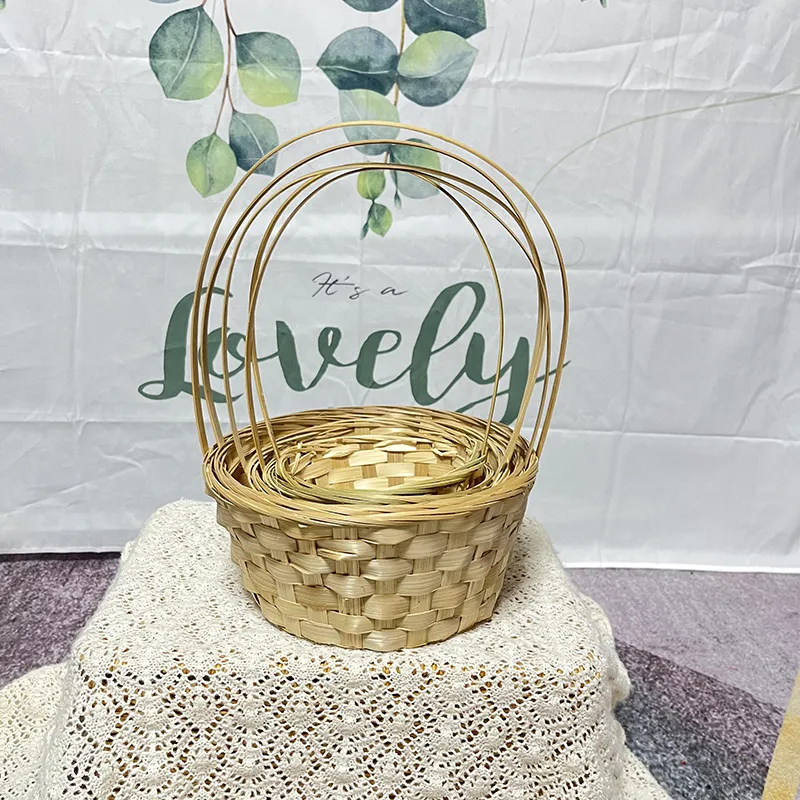 Cesta de Flores de Bambú Pastoral Tejida a Mano Cesta de Almacenamiento de Frutas Redonda Caja de Caramelos de Boda