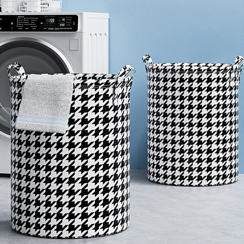 Panier à Linge Pliable Tissu Non Tissé Imperméable Corbeille à Linge Sale Motif Pied-de-poule Grand Capacité Organisateur de Linge pour Salle de Bain