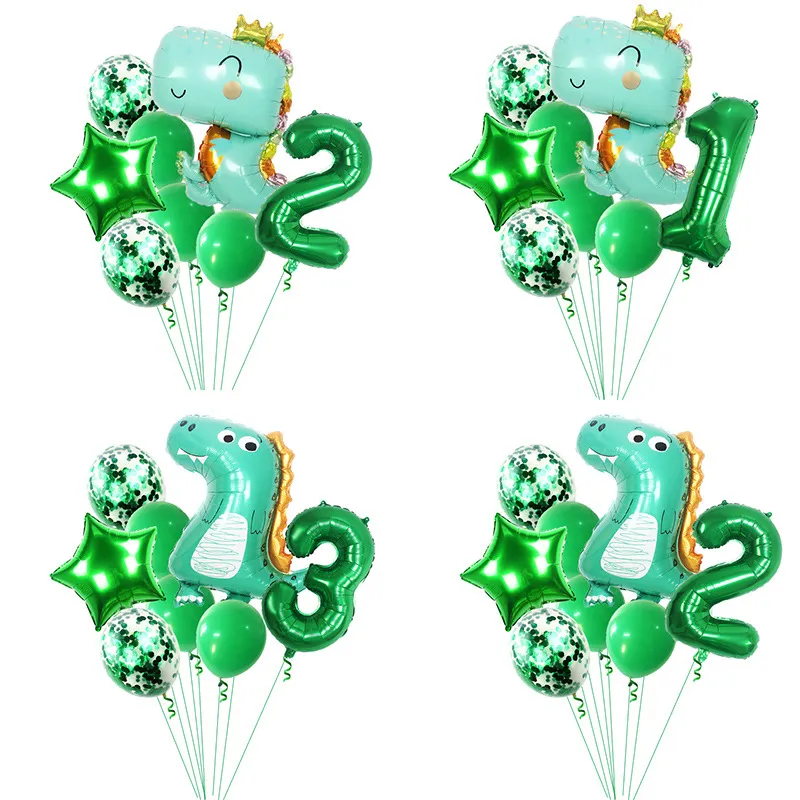 Green Dinosaur Foil Balloon Set Crown Cute Animal Number Balloons For Kids Birthday Party Decorations Event Supplies