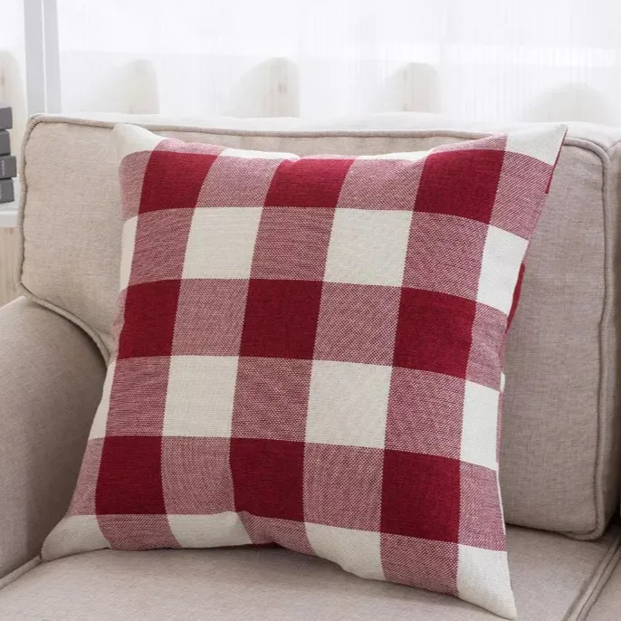 Japanese Style Cotton Linen Plaid Pillowcase Sofa Cushion Cover Home Office Car Decorative Throw Pillow